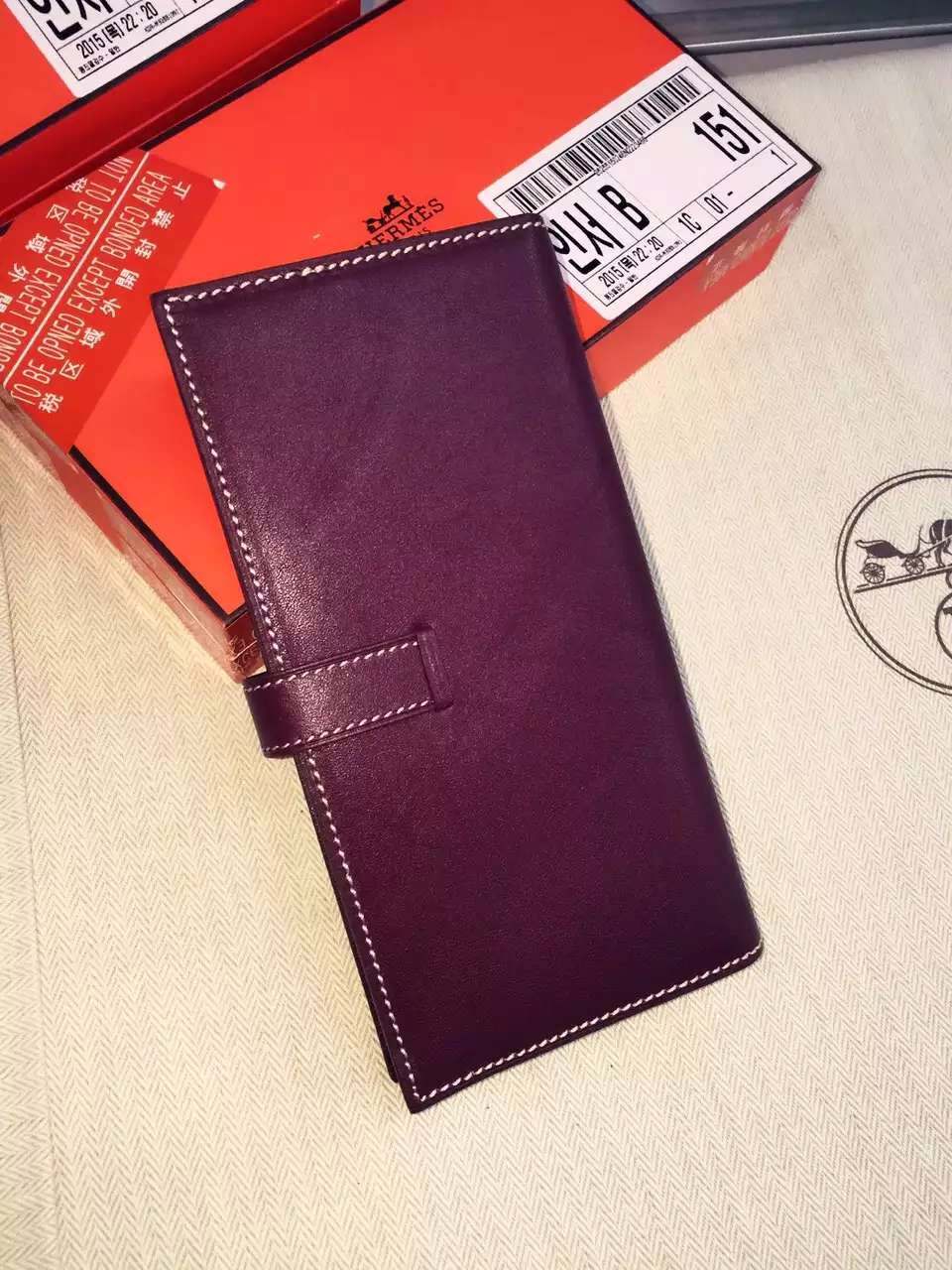 Hand Stitching Hermes Swift Leather Bean Wallet Long Purse in CK57 Bordeaux 19CM