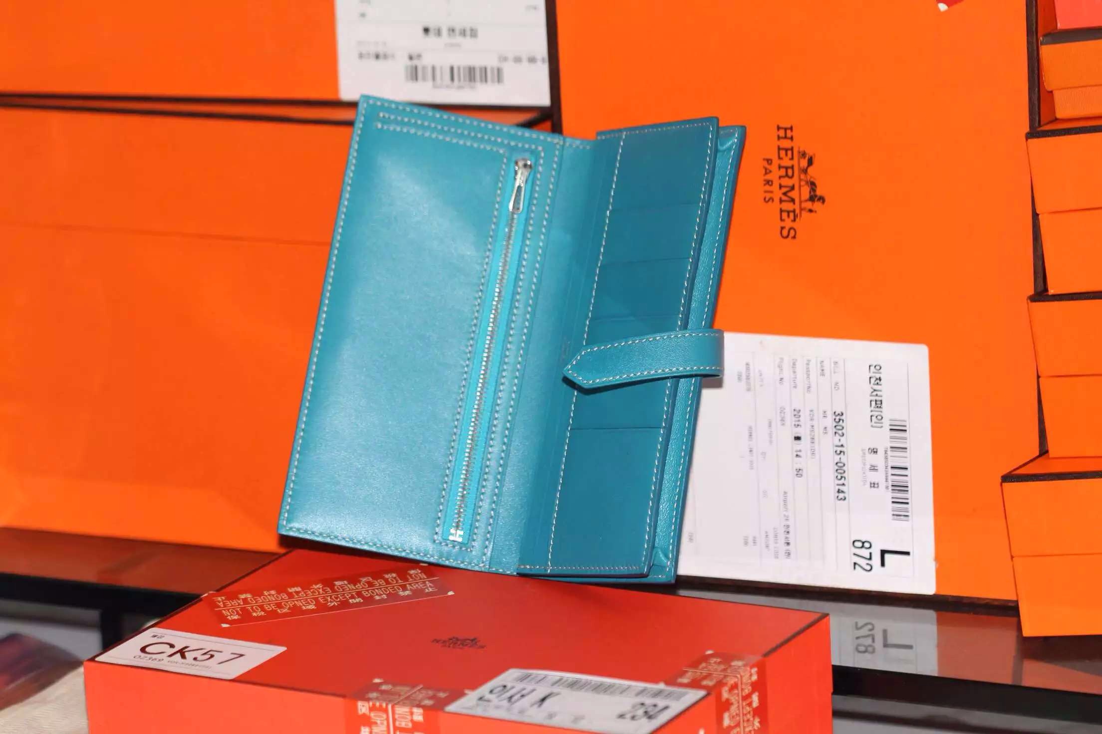 Hermes 7L Blue De Maite Swift Leather Bean Wallet Women’s Long Purse 19CM