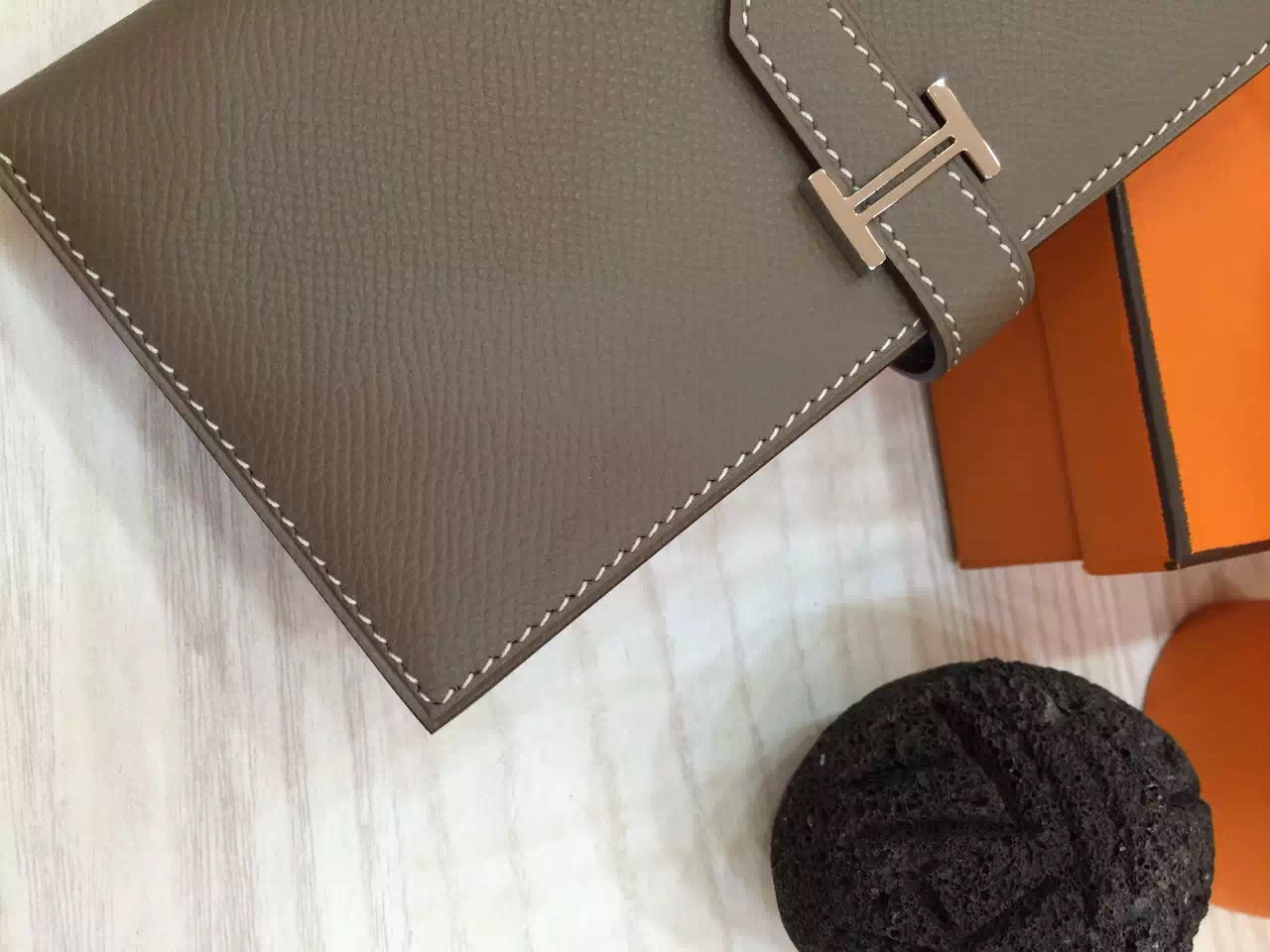 Hand Stitching Hermes Etoupe Grey Epsom Leather Bearn Wallet Clutch Bag Silver Hardware