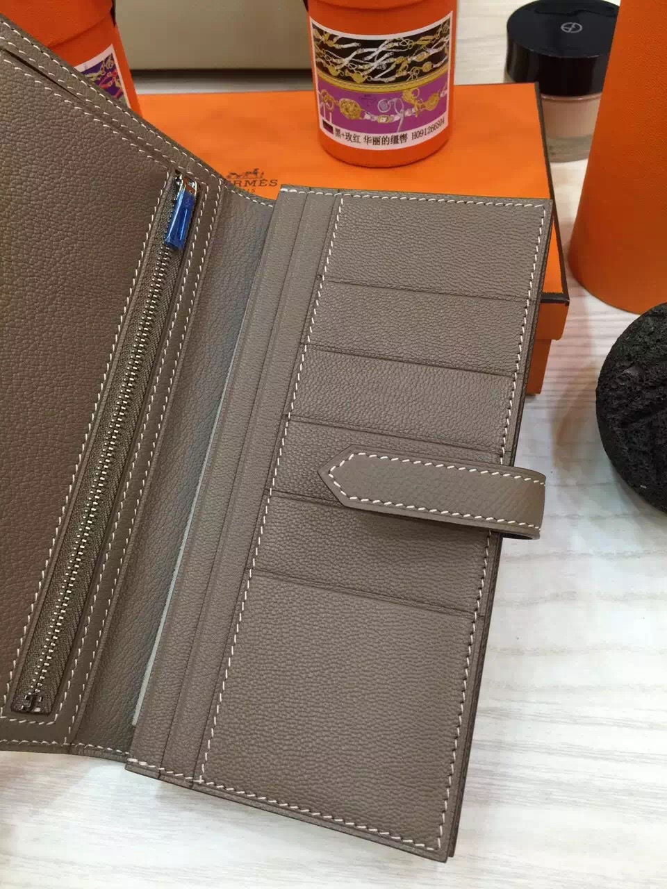 Hand Stitching Hermes Etoupe Grey Epsom Leather Bearn Wallet Clutch Bag Silver Hardware