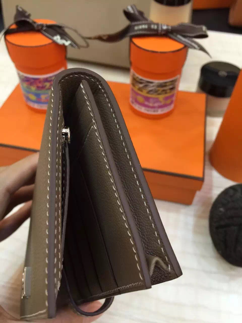 Hand Stitching Hermes Etoupe Grey Epsom Leather Bearn Wallet Clutch Bag Silver Hardware