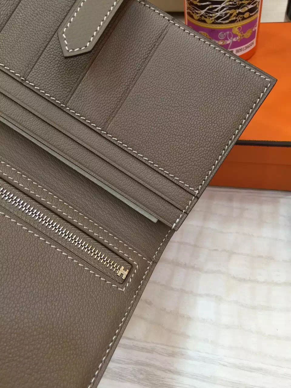 Hand Stitching Hermes Etoupe Grey Epsom Leather Bearn Wallet Clutch Bag Silver Hardware