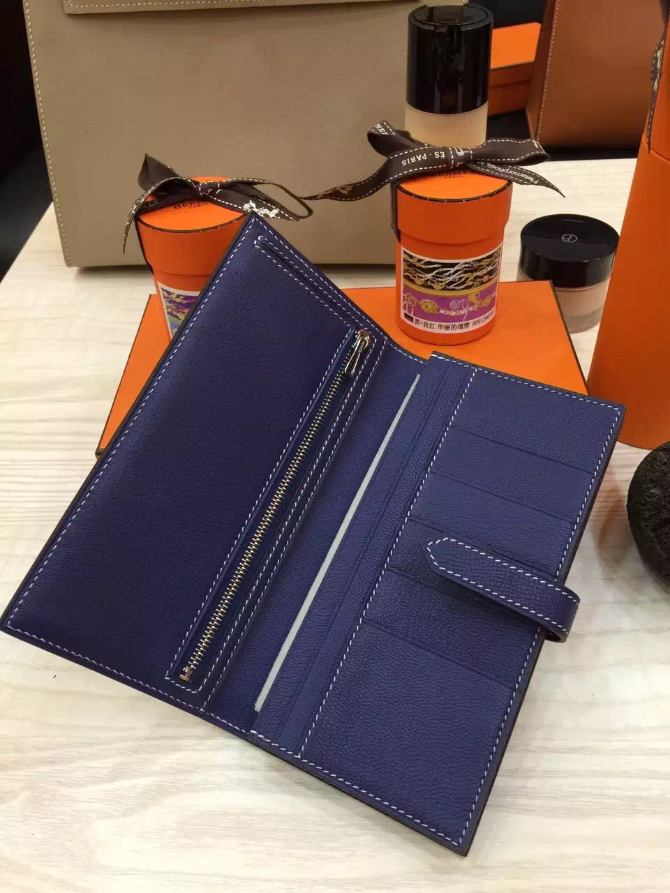 Custom-Made Hermes Blue Electric Epsom Leather Bearn Wallet Long Purse Women&#8217;s Clutch
