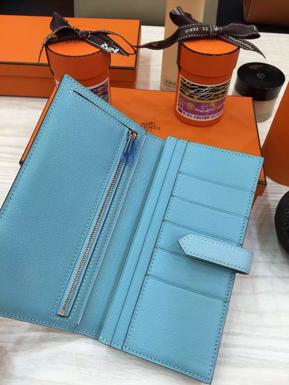 Hand Stitching Hermes Epsom Leather Bearn Wallet Clutch Bag in Lagon Blue