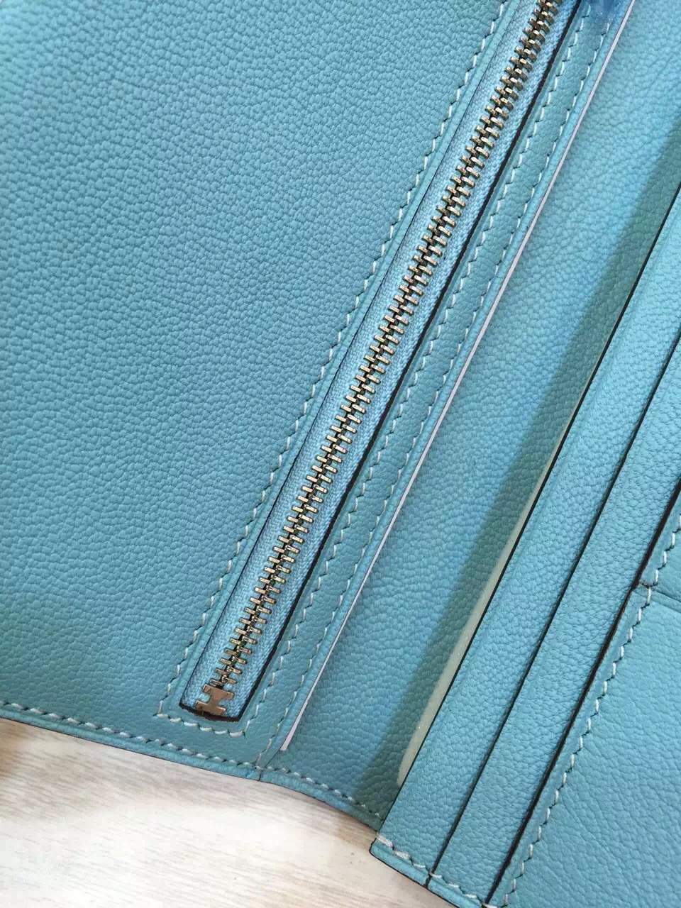 Hand Stitching Hermes Epsom Leather Bearn Wallet Clutch Bag in Lagon Blue