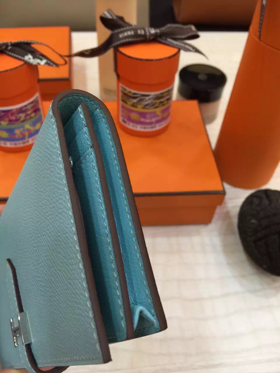 Hand Stitching Hermes Epsom Leather Bearn Wallet Clutch Bag in Lagon Blue