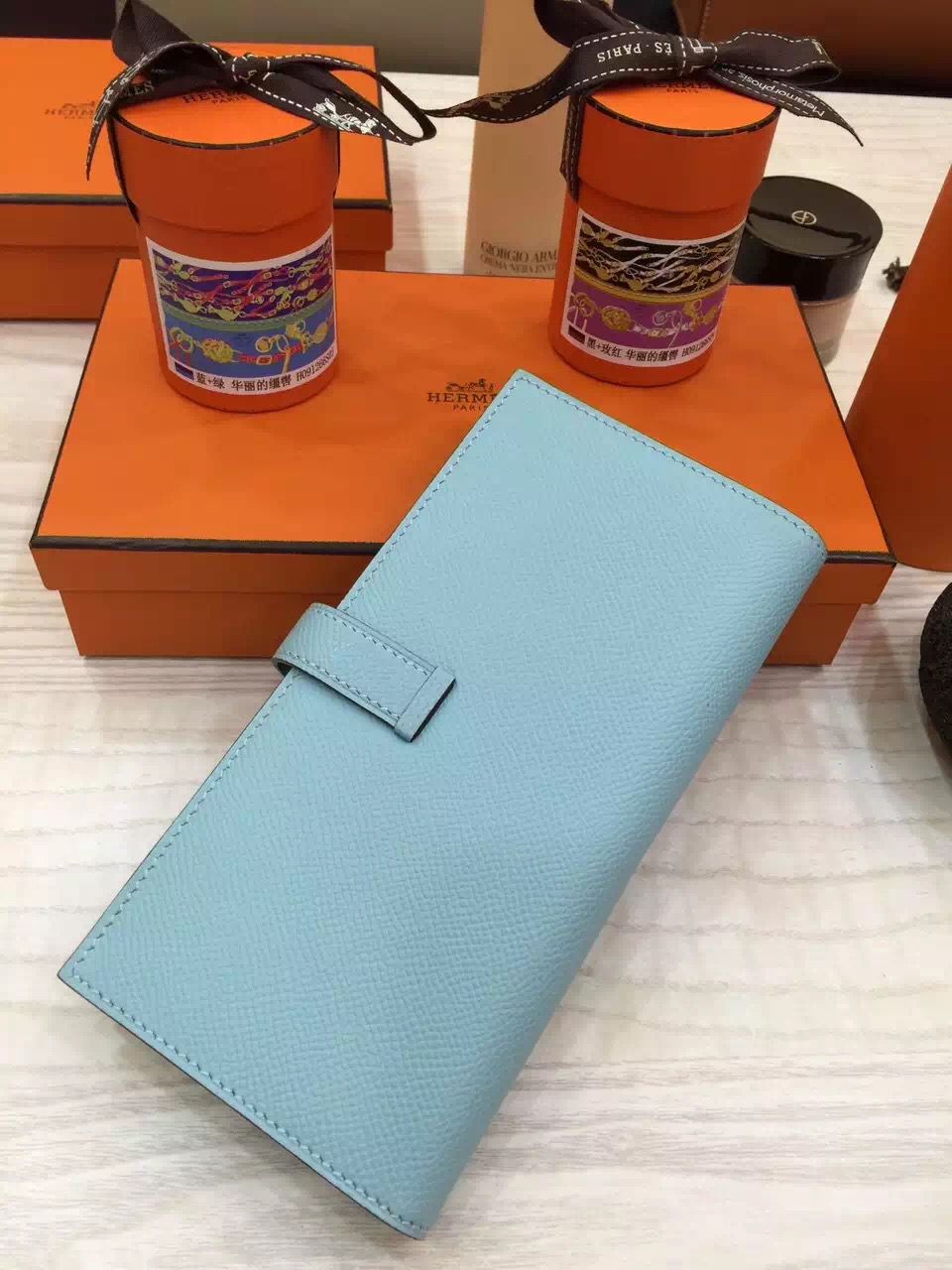 Hand Stitching Hermes Epsom Leather Bearn Wallet Clutch Bag in Lagon Blue