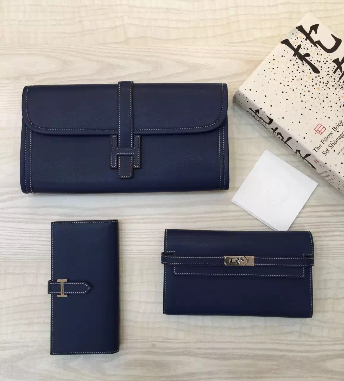 Hand Stitching Hermes 7A Royal Blue Swift Leather Bearn Wallet Long Purse