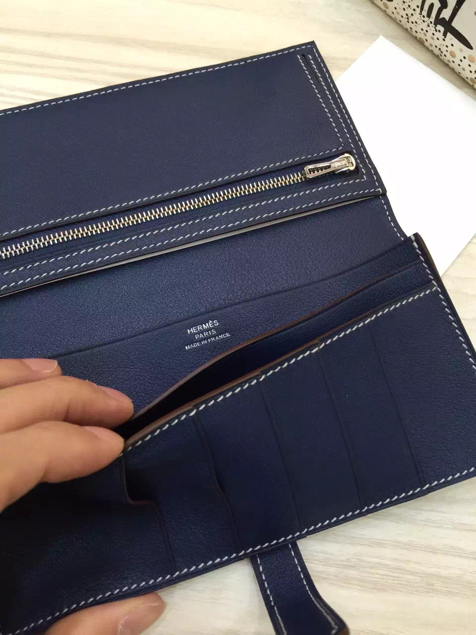 Hand Stitching Hermes 7A Royal Blue Swift Leather Bearn Wallet Long Purse