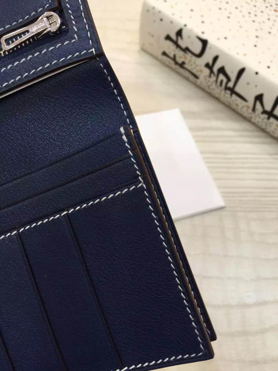 Hand Stitching Hermes 7A Royal Blue Swift Leather Bearn Wallet Long Purse