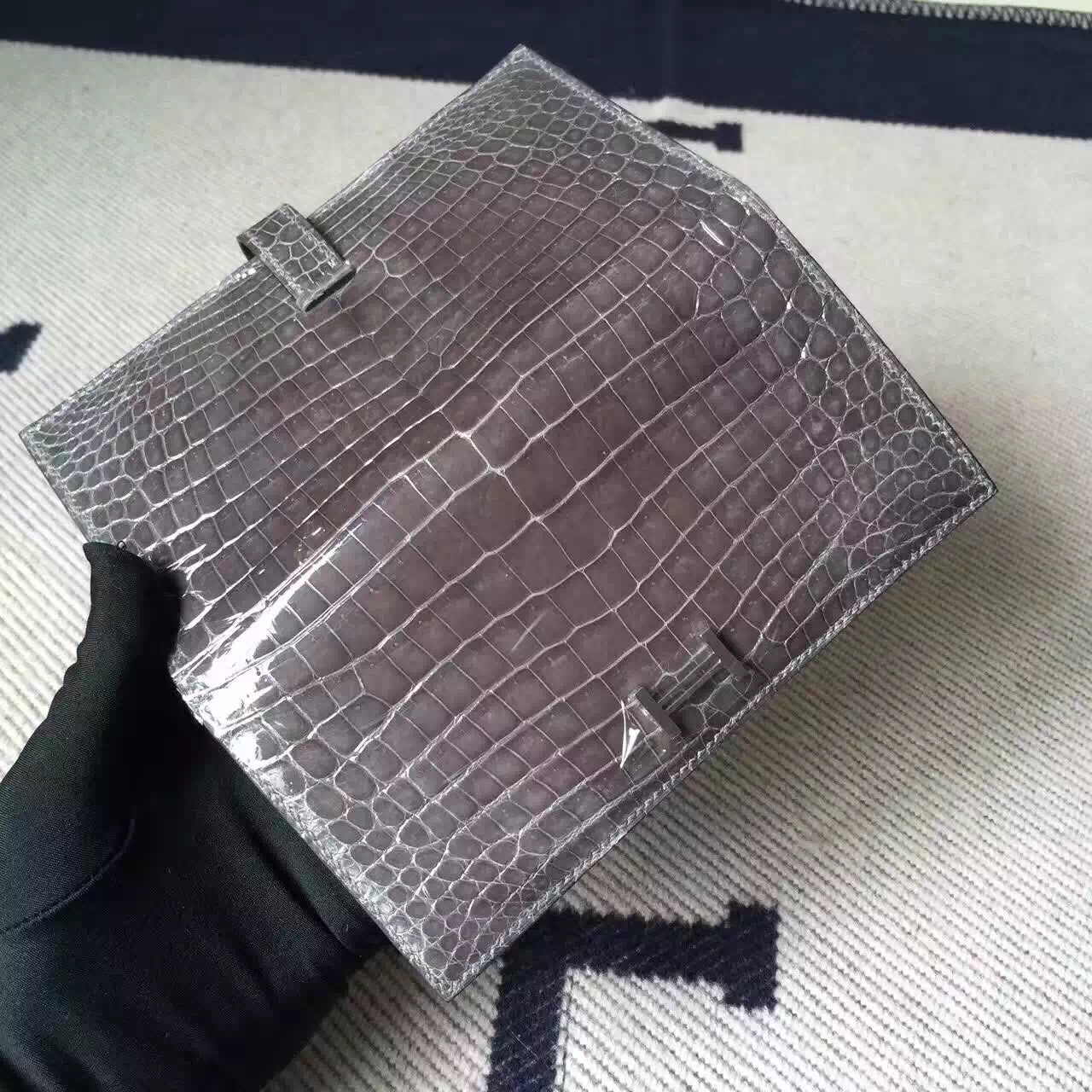 Hand Stitching Hermes C18 Etoupe Grey Crocodile Leather Bearn Wallet