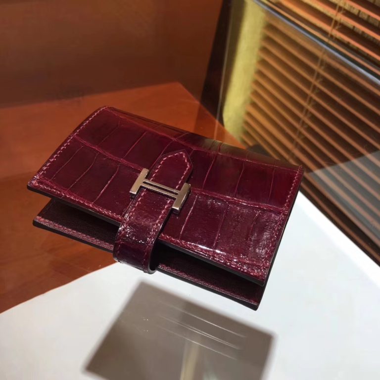 Hermes Crocodile Shiny Leather Bearn Wallet Purse in Wine Red