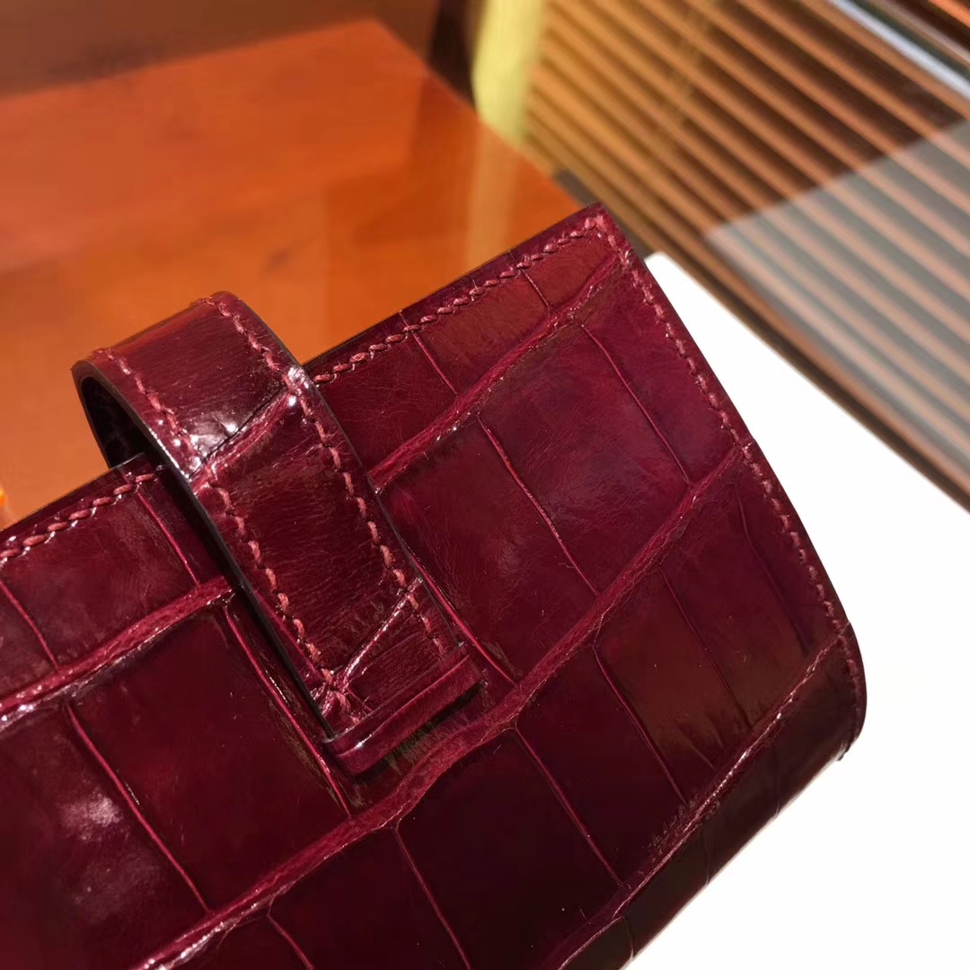 Luxury Hermes Crocodile Shiny Leather Bearn Wallet Purse in Wine Red