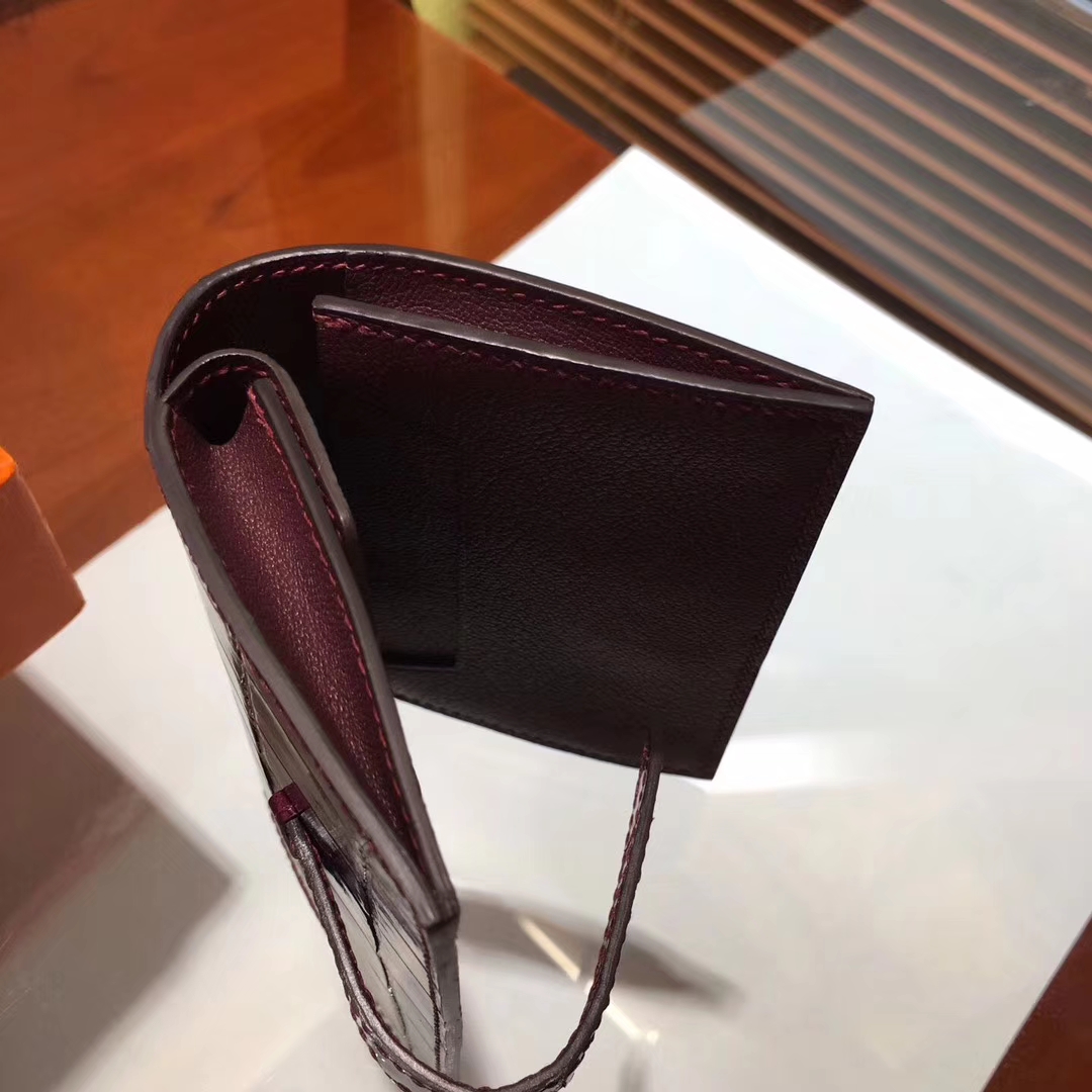 Luxury Hermes Crocodile Shiny Leather Bearn Wallet Purse in Wine Red