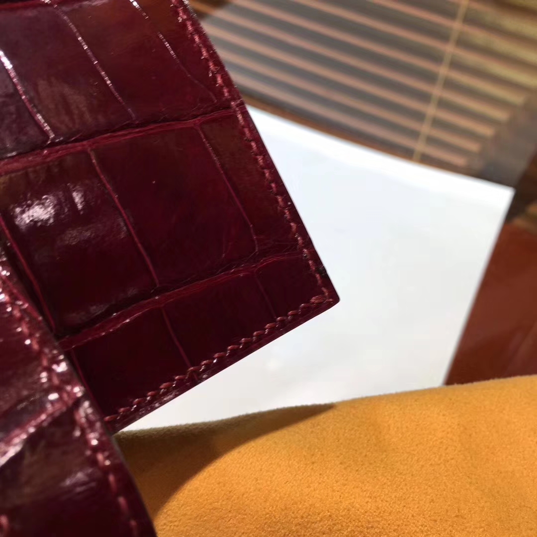 Luxury Hermes Crocodile Shiny Leather Bearn Wallet Purse in Wine Red