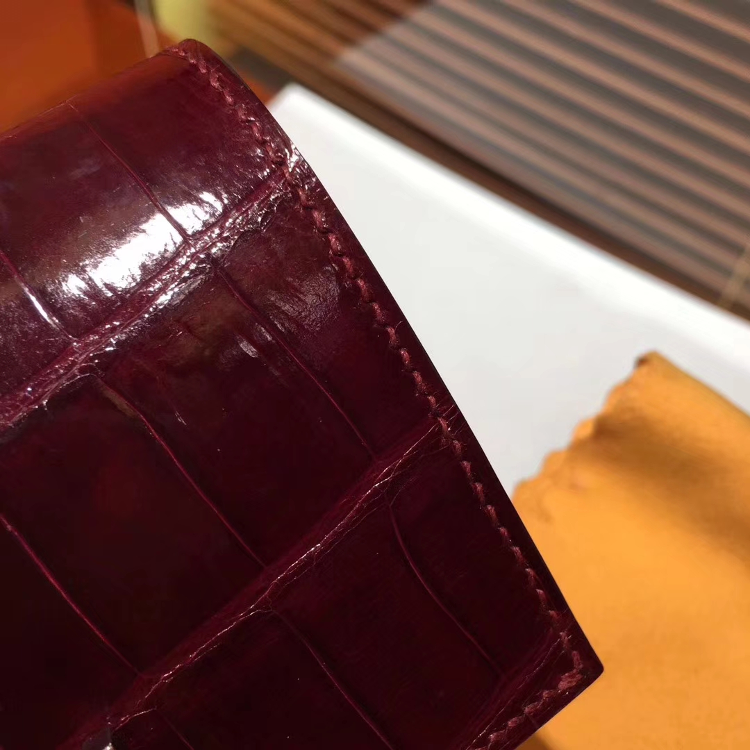 Luxury Hermes Crocodile Shiny Leather Bearn Wallet Purse in Wine Red