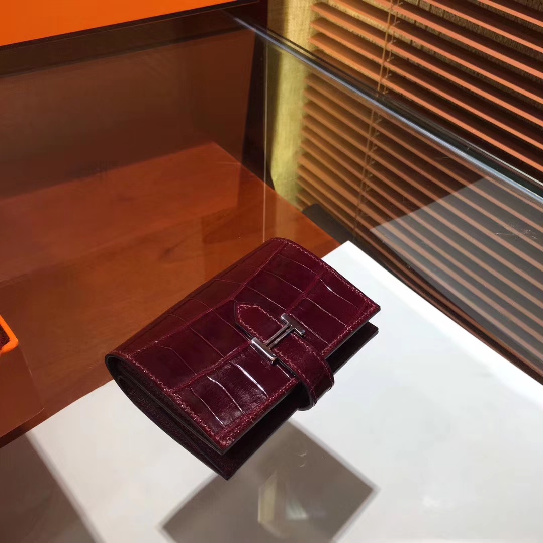 Luxury Hermes Crocodile Shiny Leather Bearn Wallet Purse in Wine Red