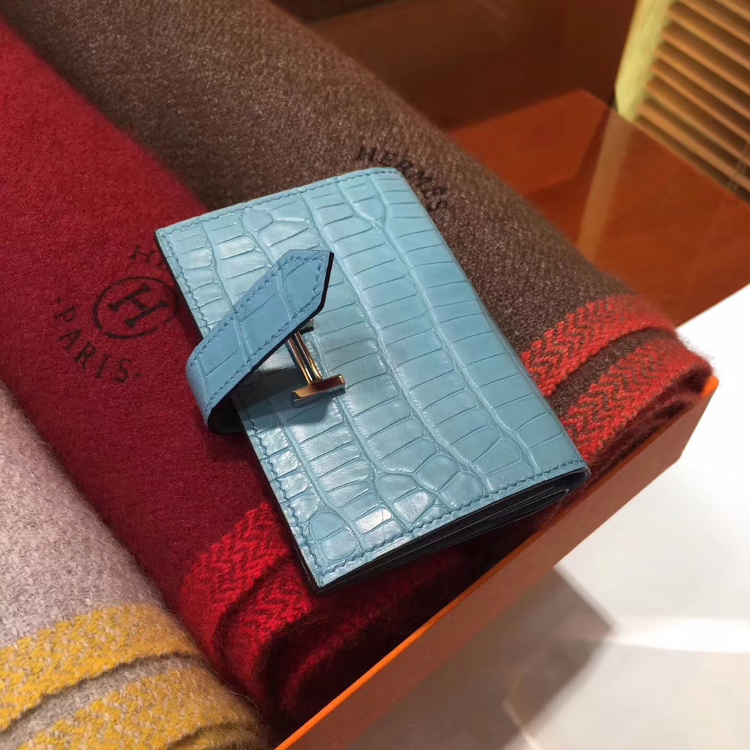 Discount Hermes Blue Crocodile Matt Leather H Buckle Bearn Wallet