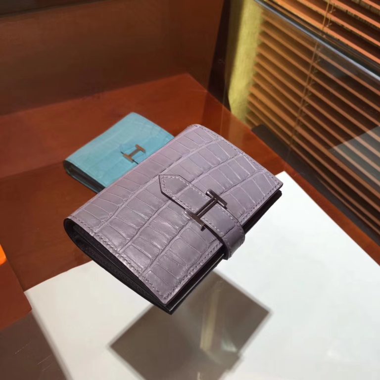Hermes Short Bearn Wallet in Grey Crocodile Matt Leather