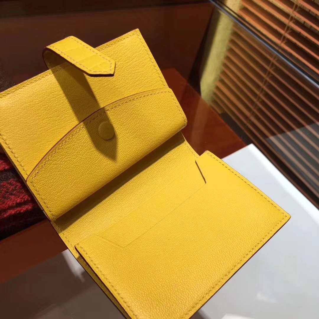 Pretty Hermes Yellow Crocodile Matt Leather H Buckle Bearn Wallet Purse