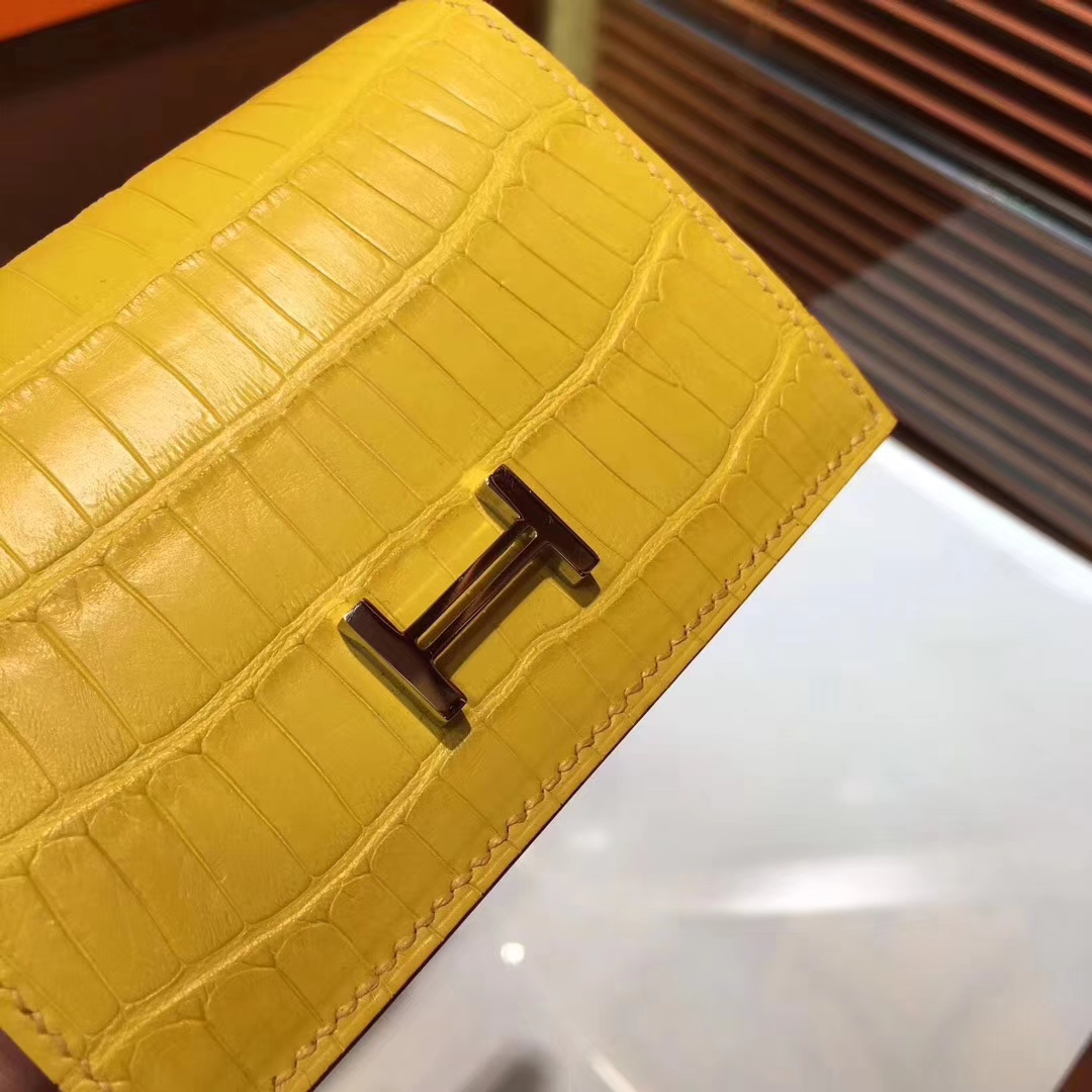 Pretty Hermes Yellow Crocodile Matt Leather H Buckle Bearn Wallet Purse