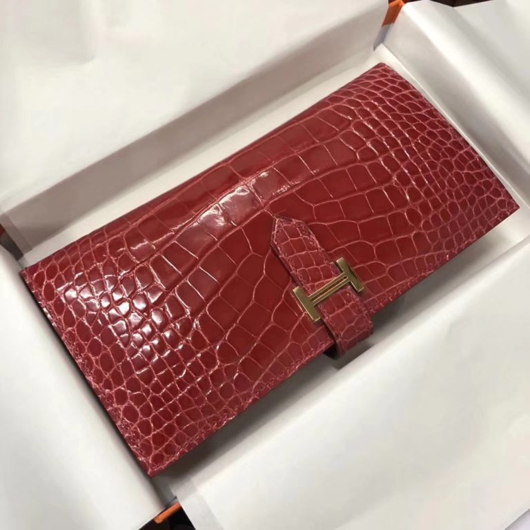 Hermes A5 Bougainvillier Red Shiny Crocodile Leather Bean Long Wallet