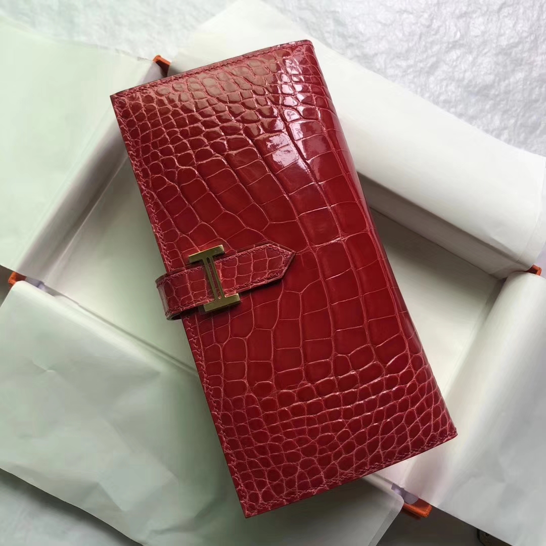 Elegant Hermes A5 Bougainvillier Red Shiny Crocodile Leather Bean Long Wallet