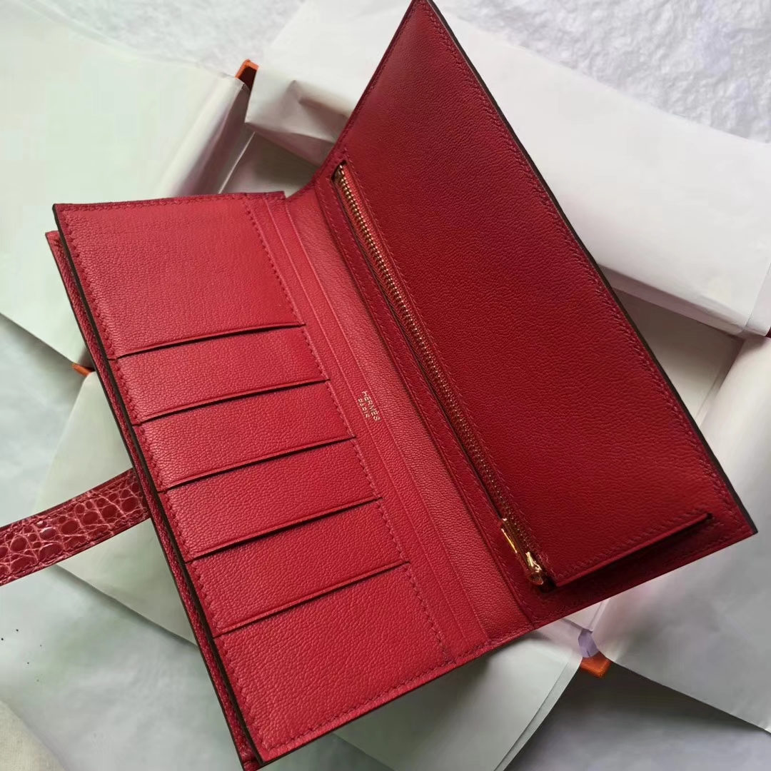 Elegant Hermes A5 Bougainvillier Red Shiny Crocodile Leather Bean Long Wallet
