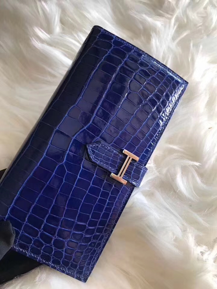 Elegant Hermes Shiny Crocodile Leather Bean Wallet Purse in Blue Electric