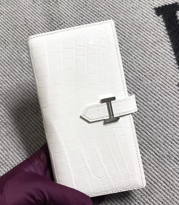 Hermes Pure White Matt Crocodile Leather H Bean Wallet Clutch Bag