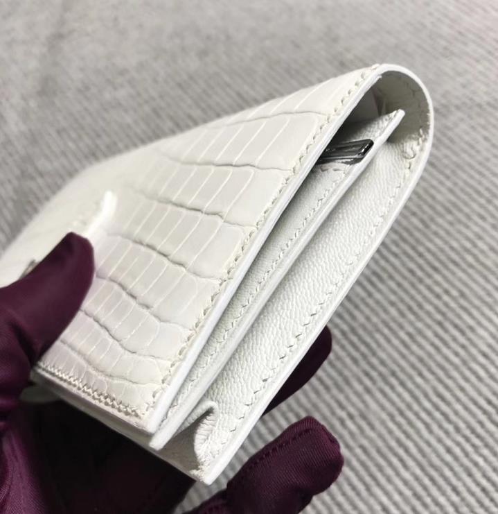 Stock Hermes Pure White Matt Crocodile Leather H Bean Wallet Clutch Bag