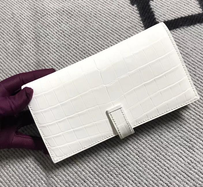 Stock Hermes Pure White Matt Crocodile Leather H Bean Wallet Clutch Bag