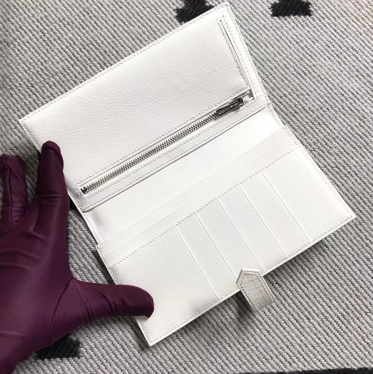 Stock Hermes Pure White Matt Crocodile Leather H Bean Wallet Clutch Bag