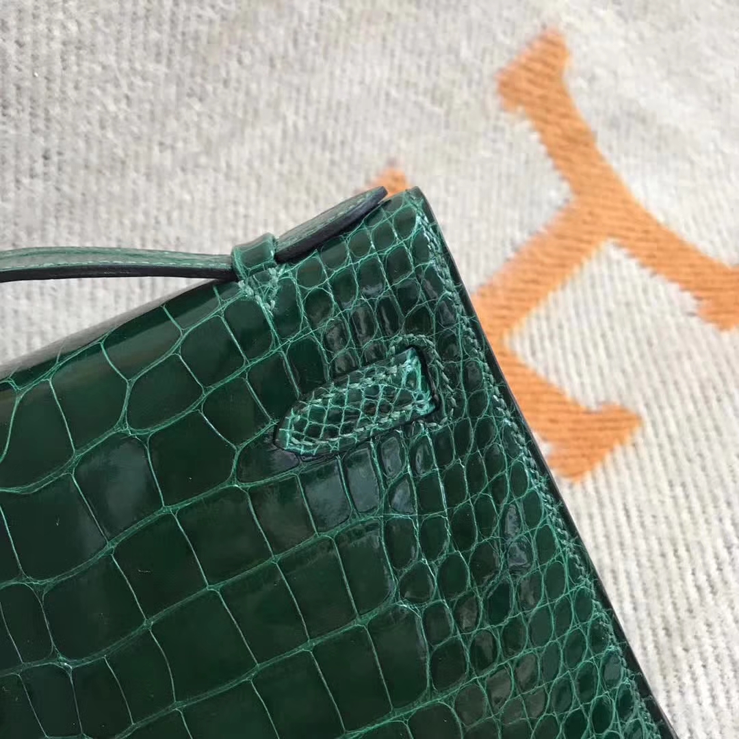 Luxury Hermes Minikelly Clutch Bag22CM CK67 Vert Fonce Alligator Shiny Crocodile