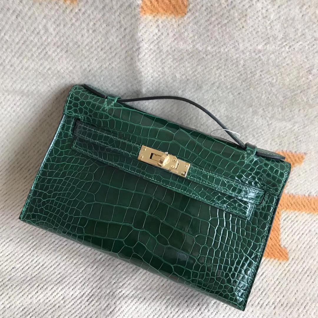 Luxury Hermes Minikelly Clutch Bag22CM CK67 Vert Fonce Alligator Shiny Crocodile