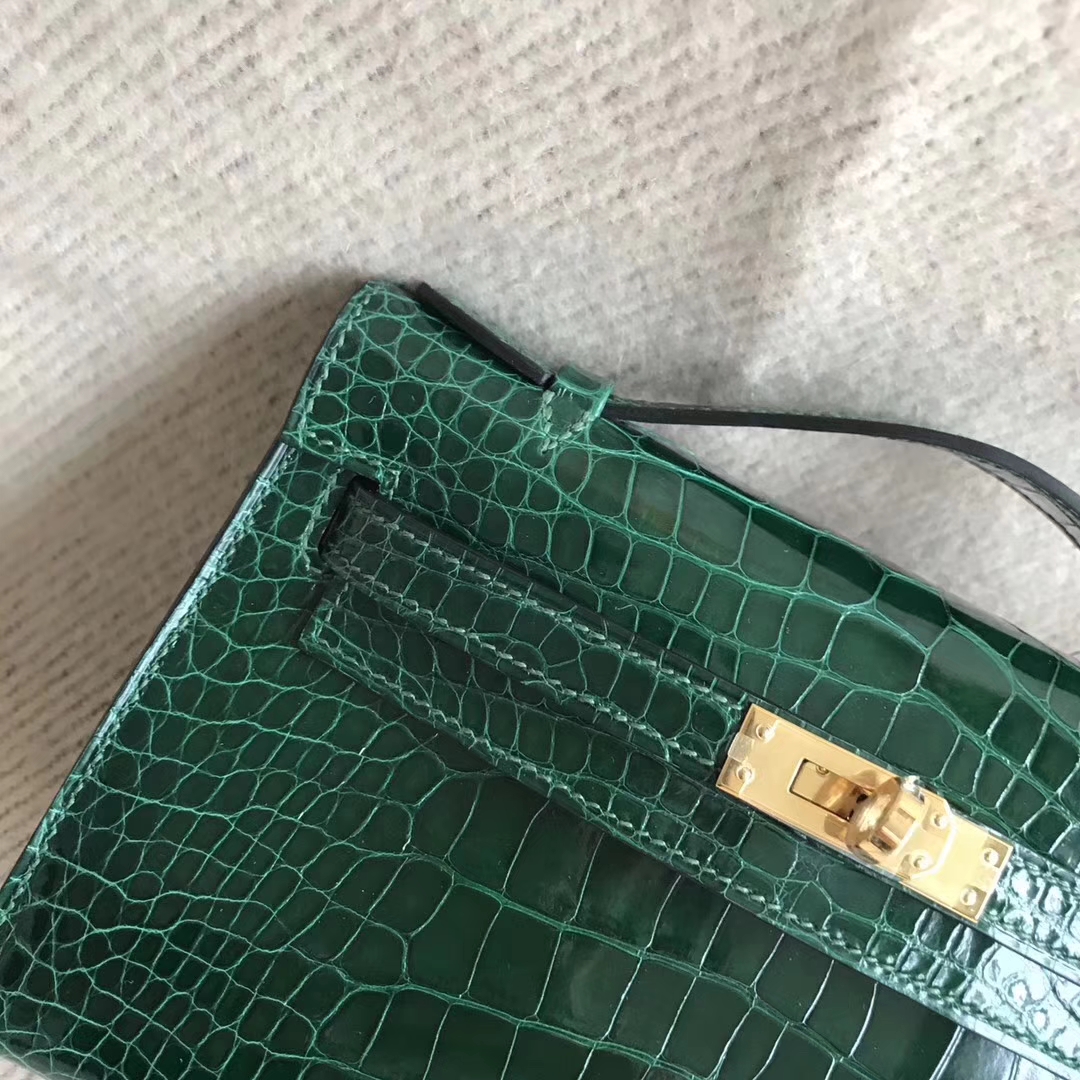 Luxury Hermes Minikelly Clutch Bag22CM CK67 Vert Fonce Alligator Shiny Crocodile