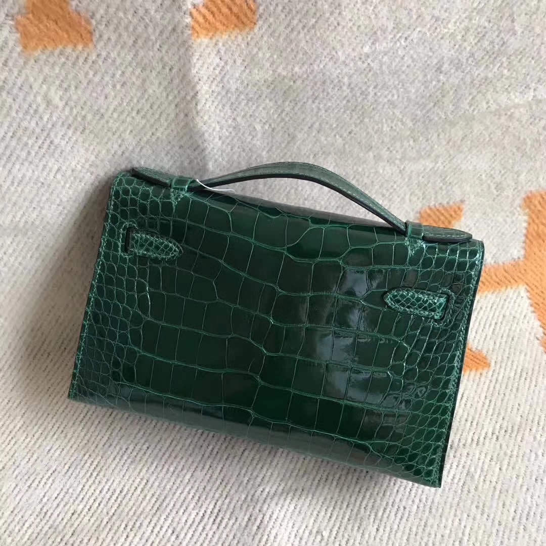 Luxury Hermes Minikelly Clutch Bag22CM CK67 Vert Fonce Alligator Shiny Crocodile