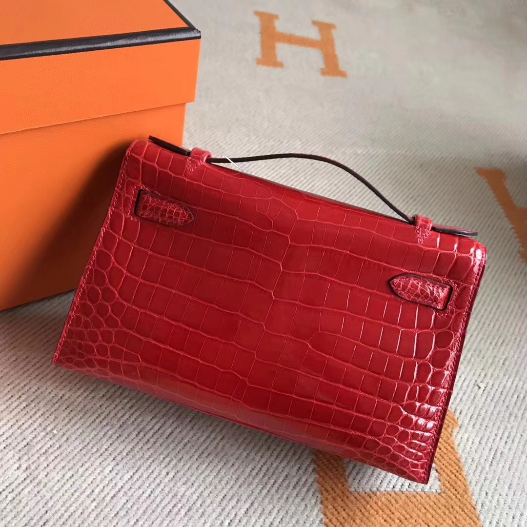New Arrival Hermes Crocodile Leather Minikelly Pochette 22CM Gold Hardware