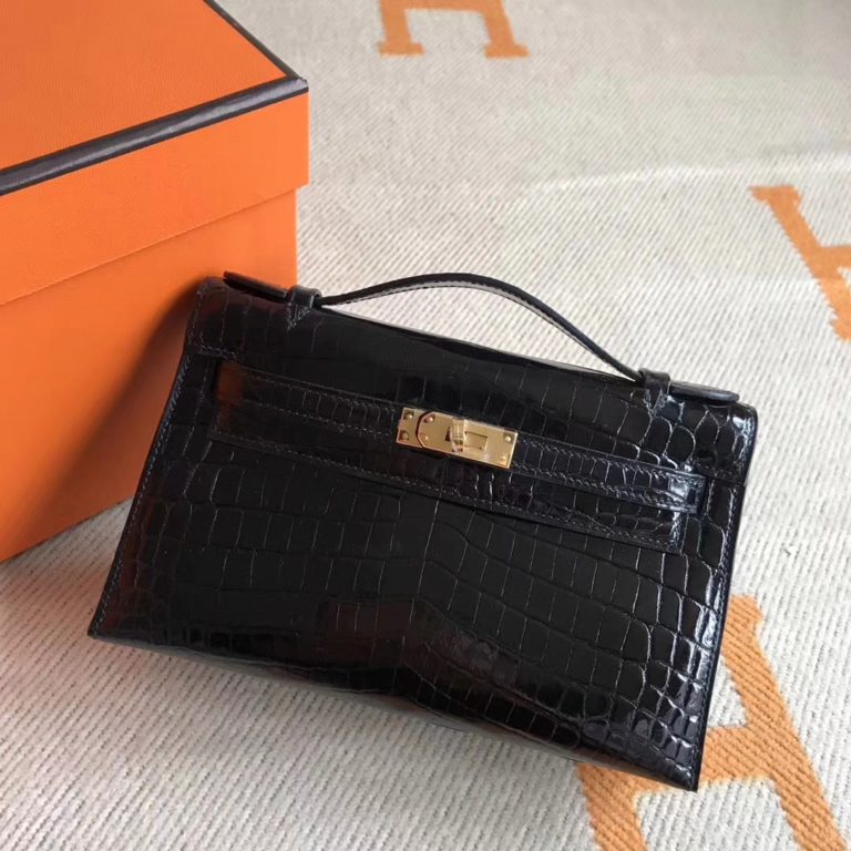 Hermes Minikelly Pochette Clutch Bag in Crocodile Leather Gold Hardware