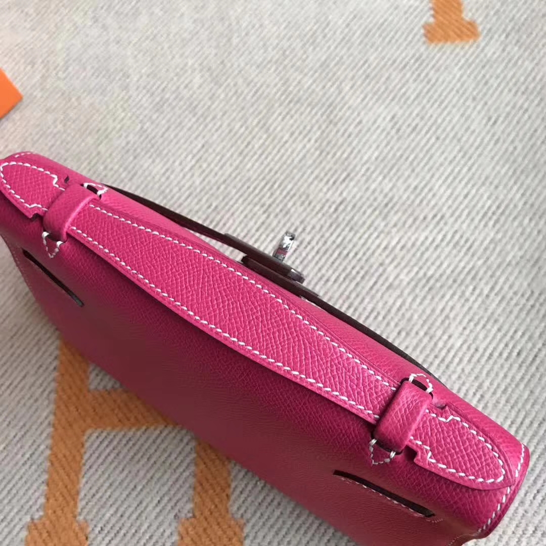 Hermes E5 Rose Tyrien Epsom Calfskin Minikelly22CM Clutch Silver Hardware
