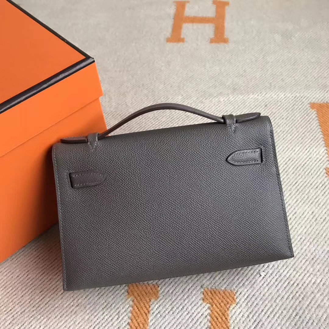 Luxury Hermes Minikelly Clutch Bag22CM in 8F Etain Grey Epsom Calfskin