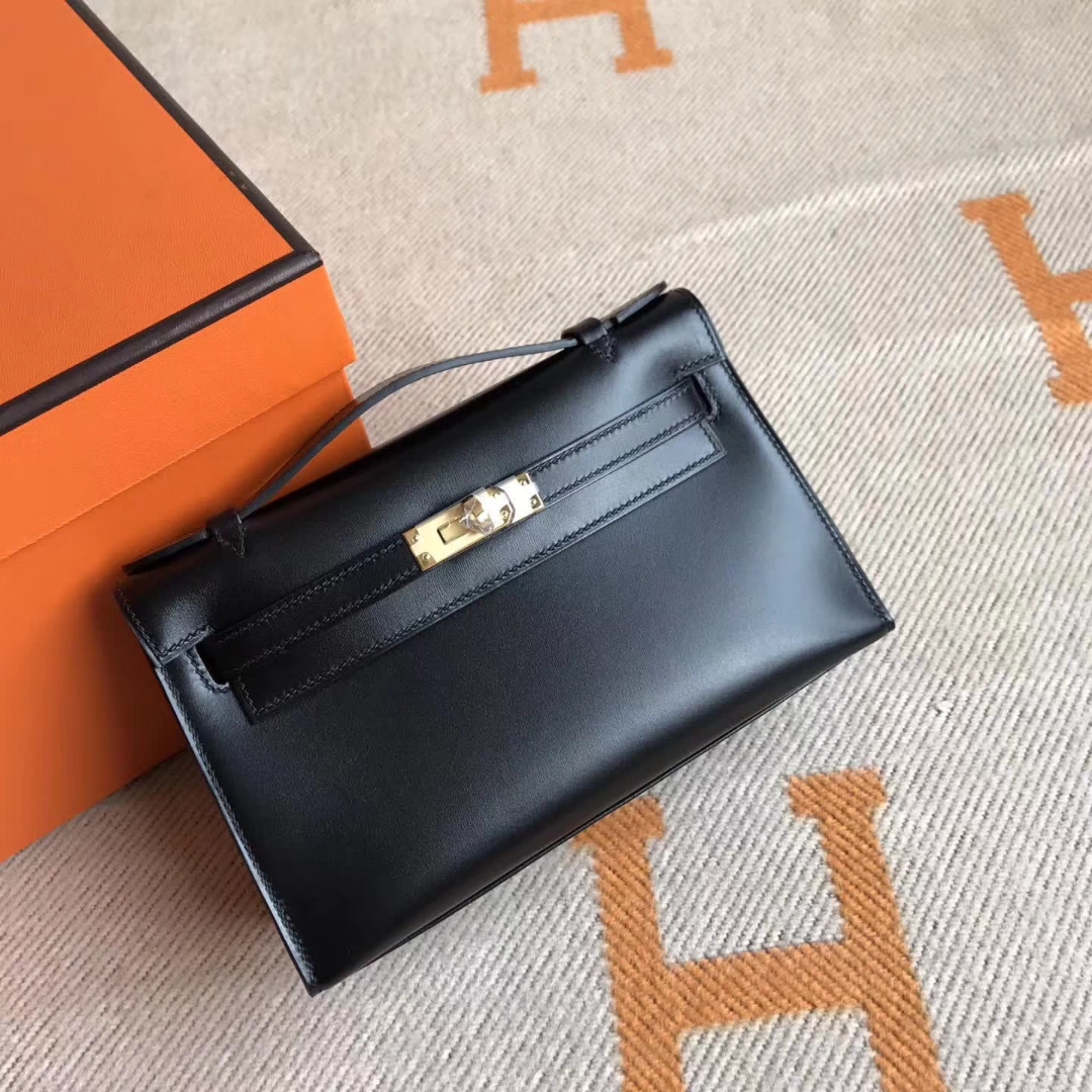 Elegant Hermes Box Calfskin Minikelly Pochette Cluth Bag22CM Gold Hardware