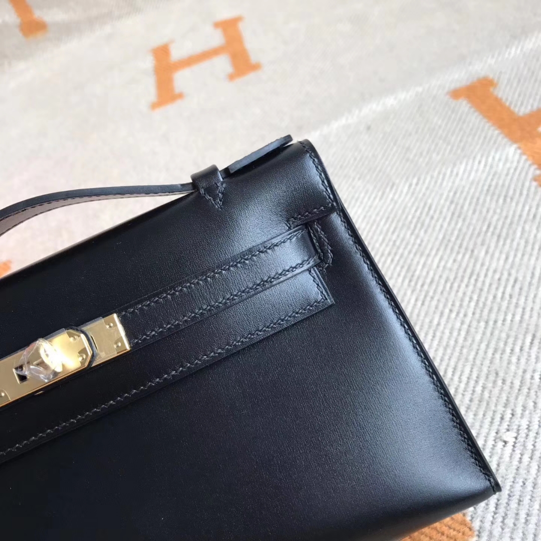 Elegant Hermes Box Calfskin Minikelly Pochette Cluth Bag22CM Gold Hardware