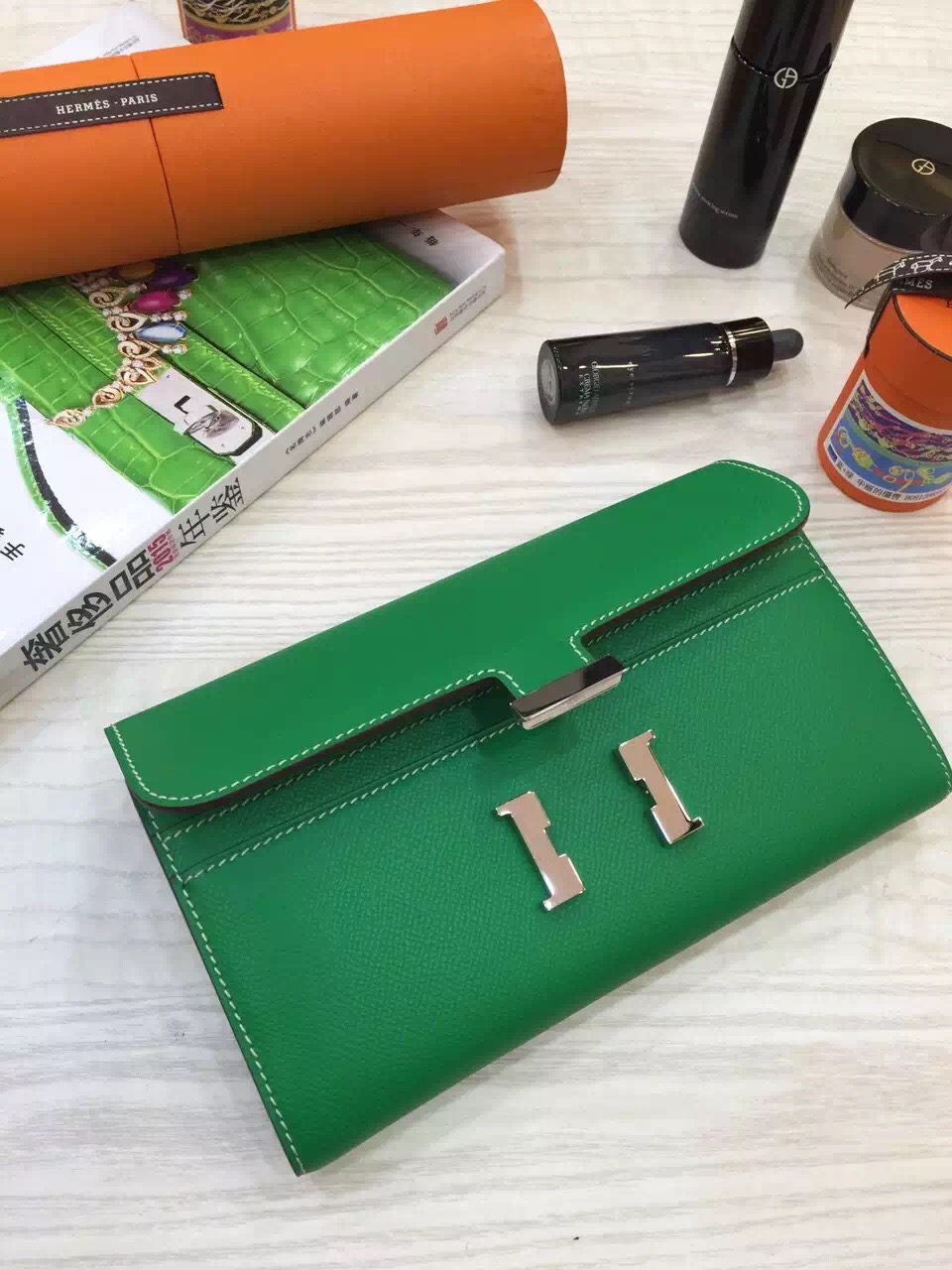 Discount Hermes Original Epsom Leather Bamboo Green Constance Wallet Women&#8217;s Clutch Bag