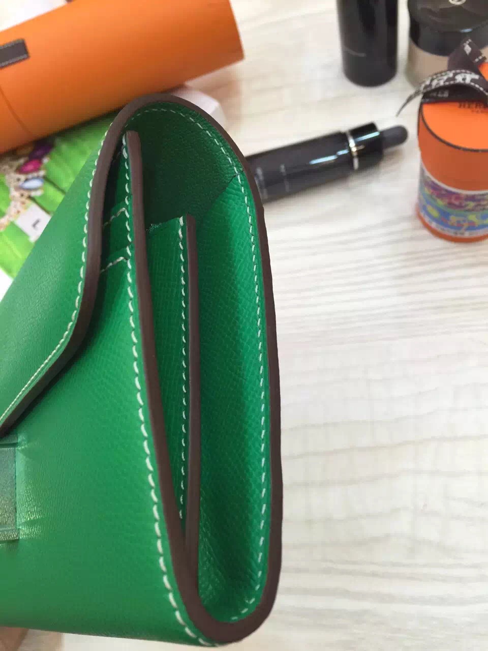 Discount Hermes Original Epsom Leather Bamboo Green Constance Wallet Women&#8217;s Clutch Bag