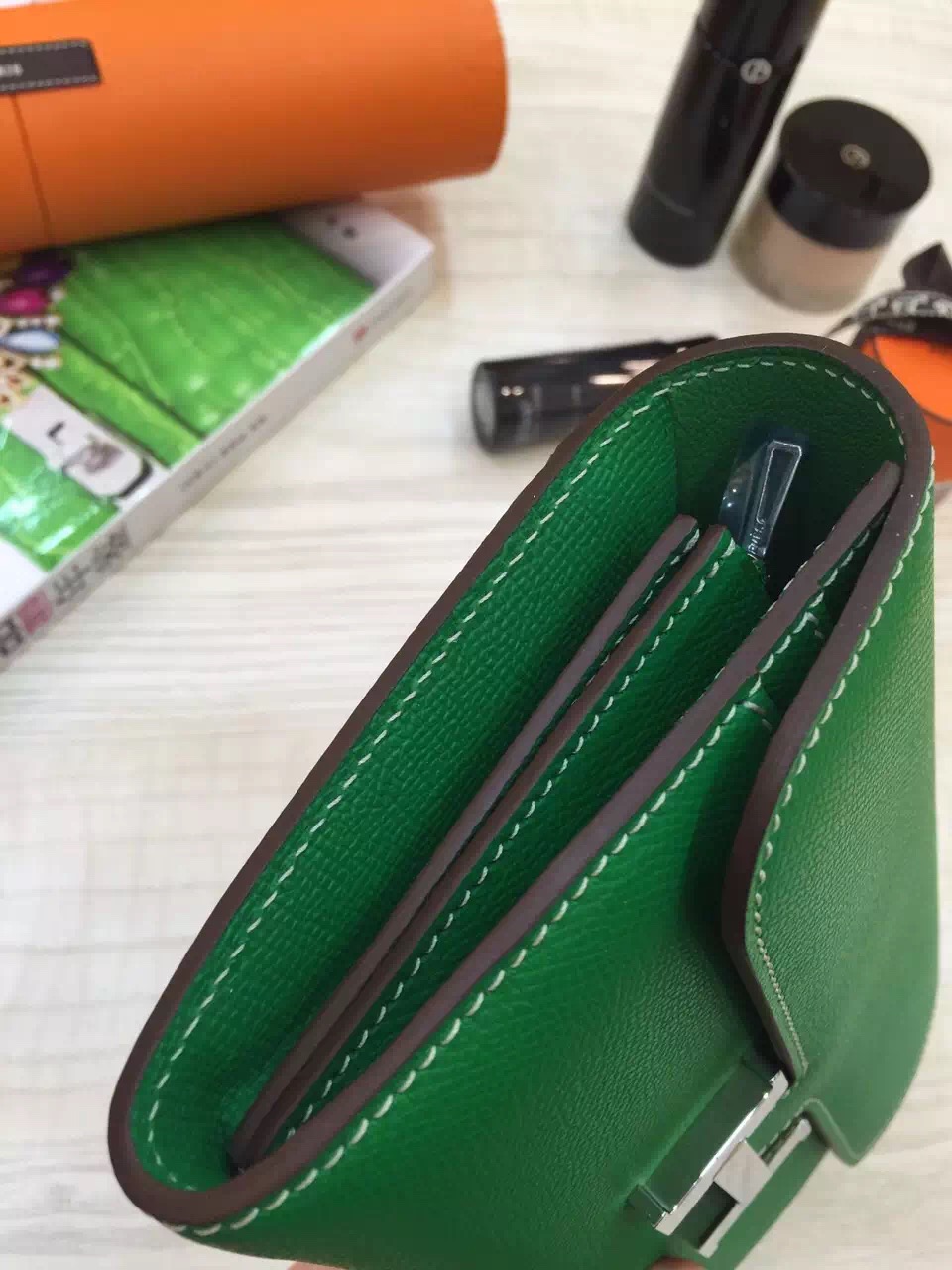 Discount Hermes Original Epsom Leather Bamboo Green Constance Wallet Women&#8217;s Clutch Bag