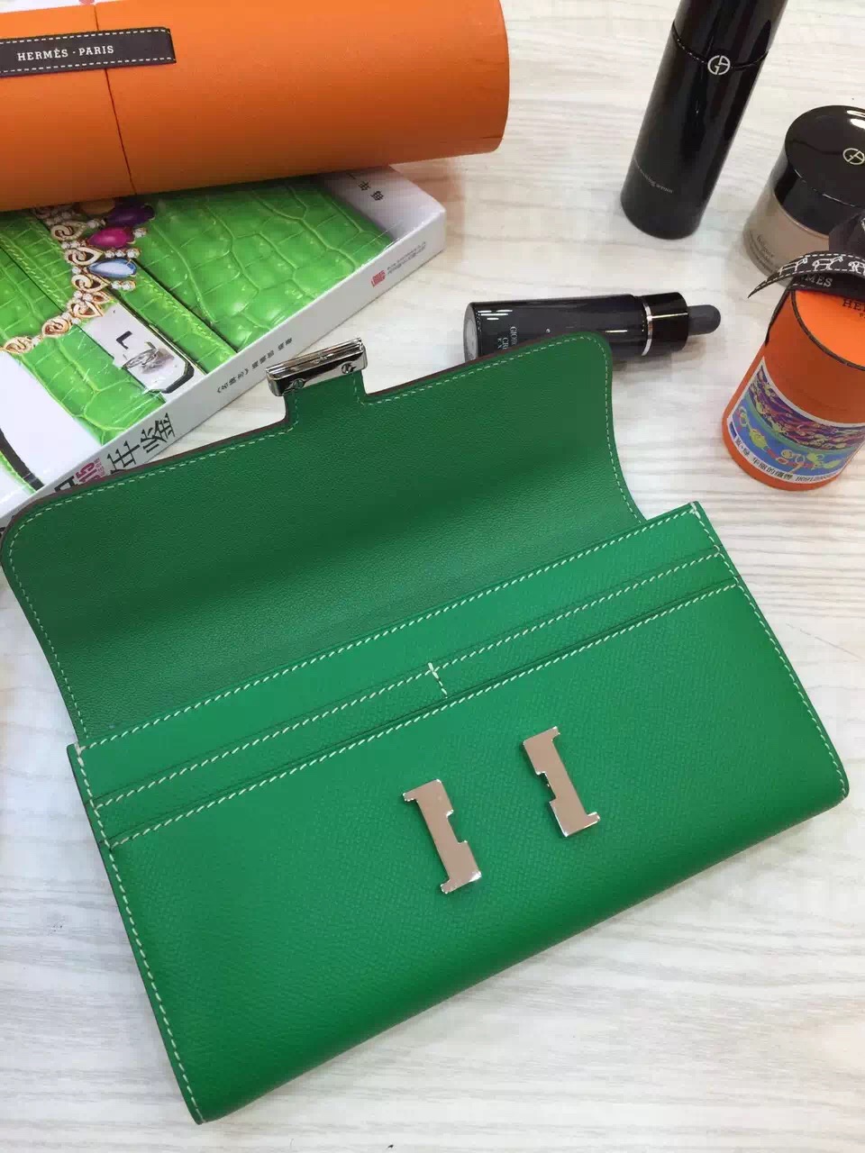 Discount Hermes Original Epsom Leather Bamboo Green Constance Wallet Women’s Clutch Bag