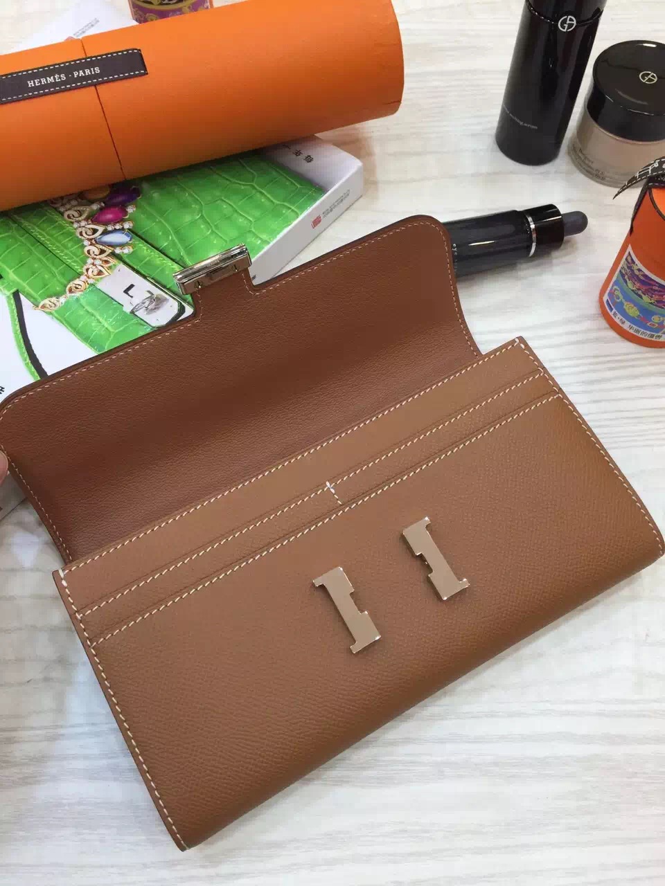 Hot Sale Hermes Coffee Epsom Leather Long Constance Wallet Clutch Bag 21CM