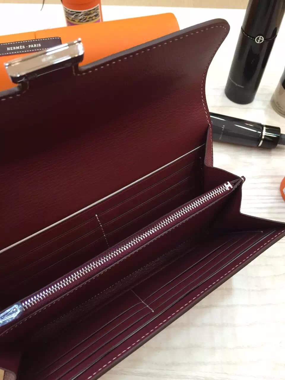 Hand Stitching Hermes Constance Wallet Burgundy Epsom Leather Clutch Handbag