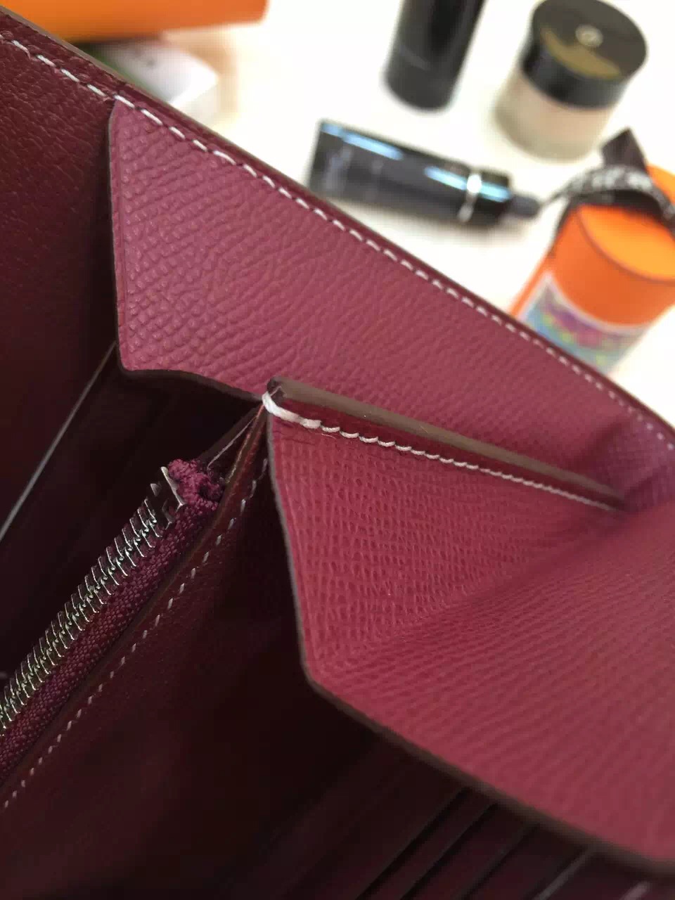 Hand Stitching Hermes Constance Wallet Burgundy Epsom Leather Clutch Handbag